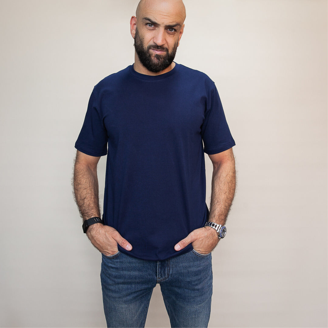 Custom classic fit t-shirt in navy blue, perfect for casual wear and everyday comfort