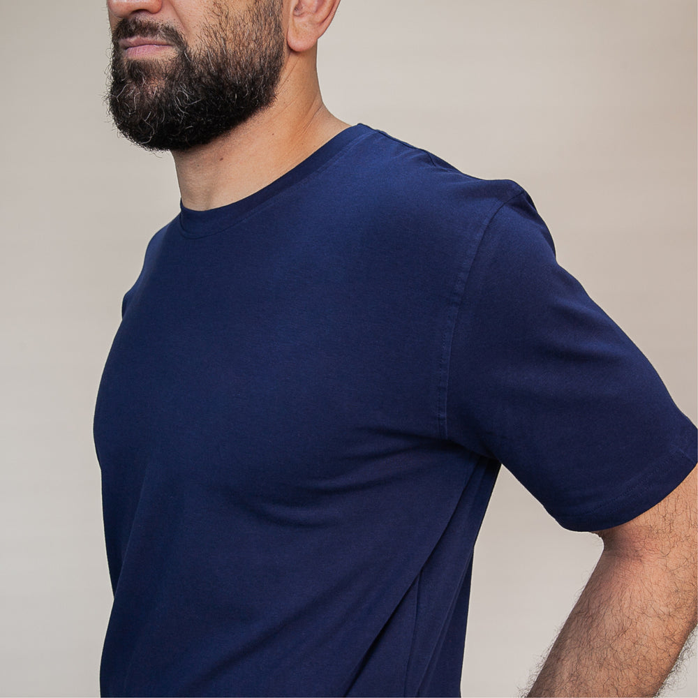 Navy blue custom classic fit t-shirt showcasing a comfortable and stylish design for everyday wear