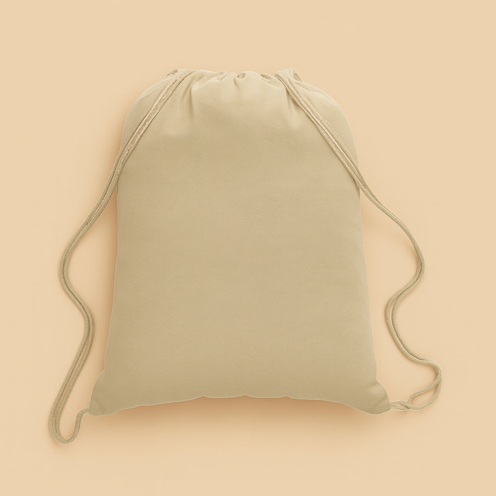 Beige custom cotton drawstring bag with adjustable straps for everyday use and travel