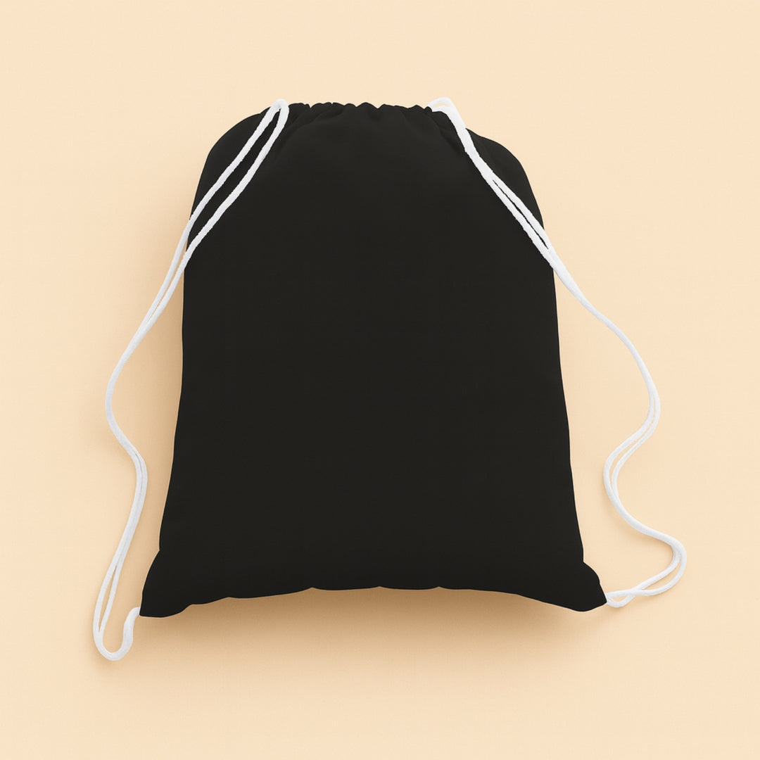 Custom cotton drawstring bag in black with white drawstrings for versatile storage solutions