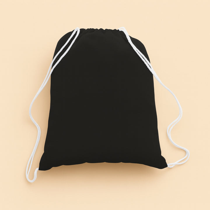 Custom cotton drawstring bag in black with white drawstrings for versatile storage solutions