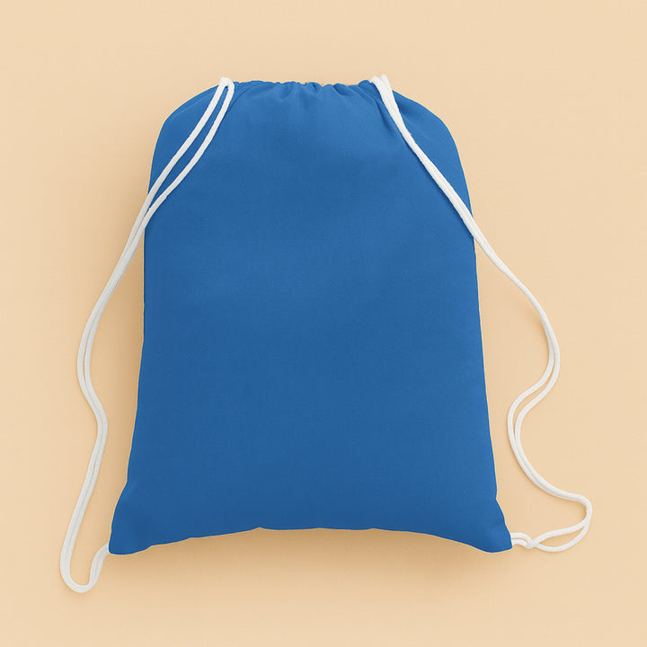 Custom cotton drawstring bag in blue for carrying essentials with adjustable straps