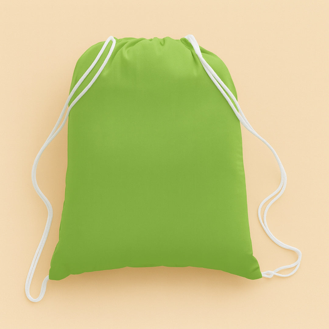 Bright green custom cotton drawstring bag with white drawstrings for casual outings