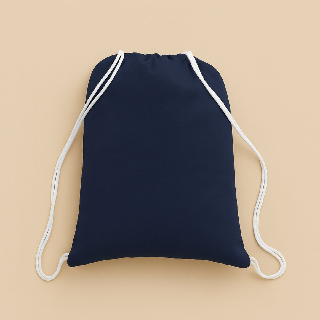 Navy custom cotton drawstring bag with white drawstrings for versatile storage and everyday use