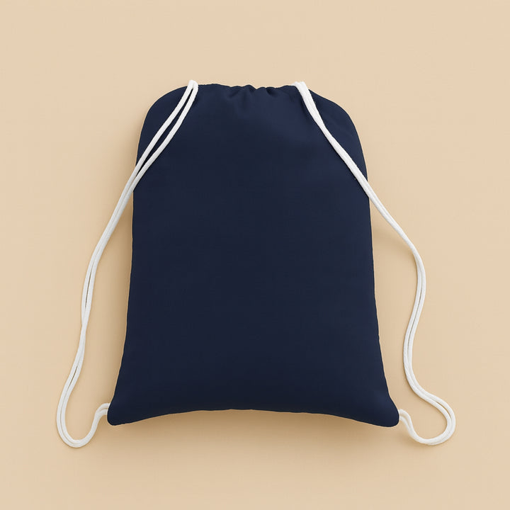 Navy custom cotton drawstring bag with white drawstrings for versatile storage and everyday use