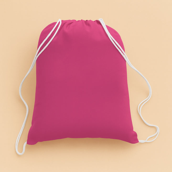 Bright pink custom cotton drawstring bag with white drawstrings for casual use and travel