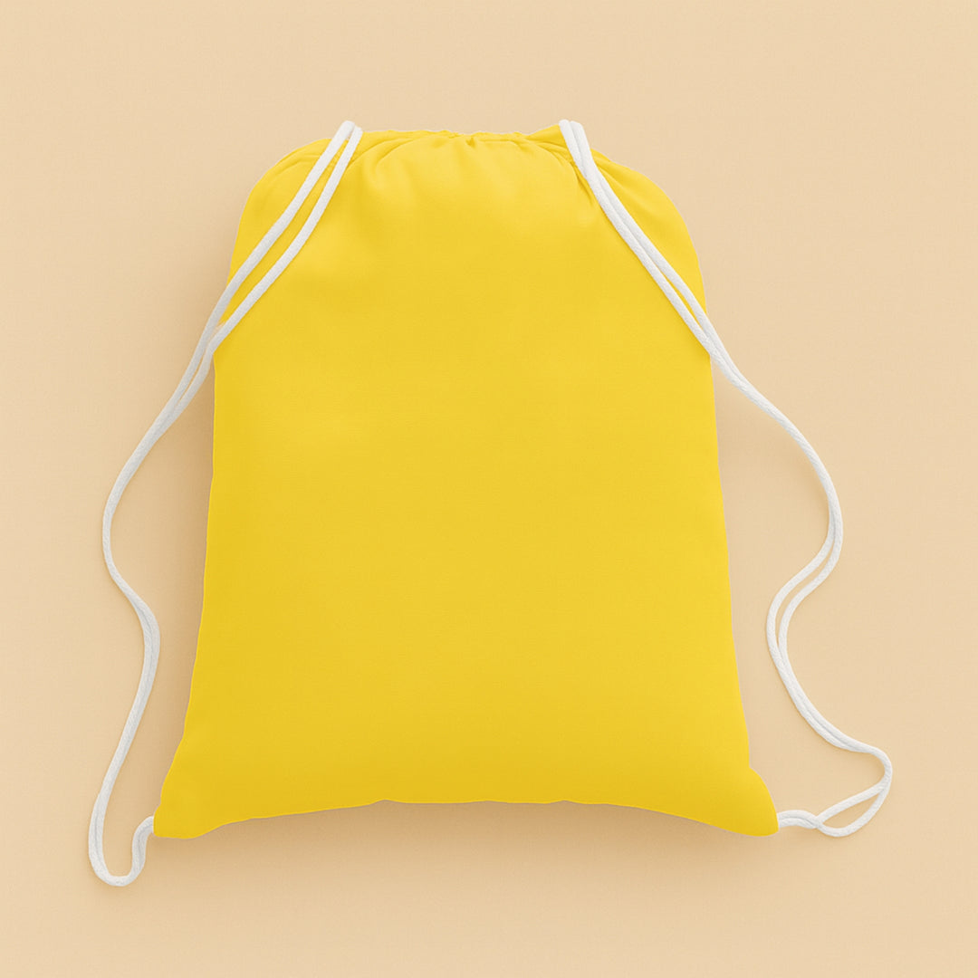 Yellow custom cotton drawstring bag with white drawstrings for casual use and easy carrying