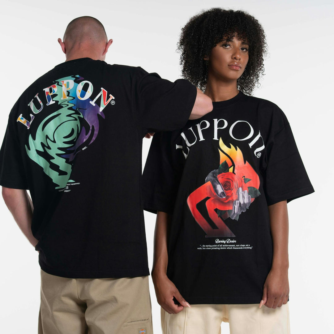 Custom DTF print service featuring bold artwork on black oversized tees for unique style