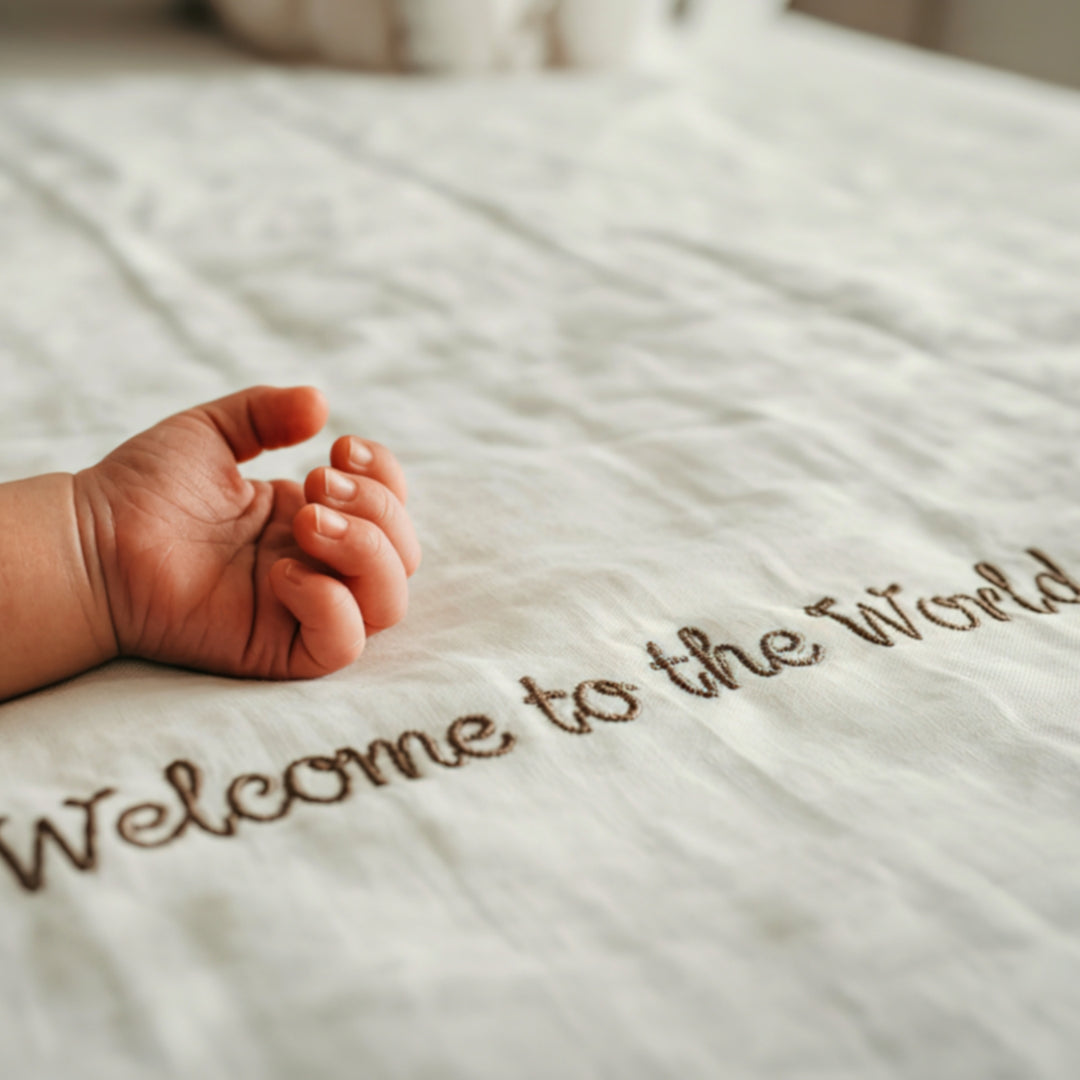 Custom embroidery service Dubai featuring a baby's hand on a fabric with the phrase Welcome to the World