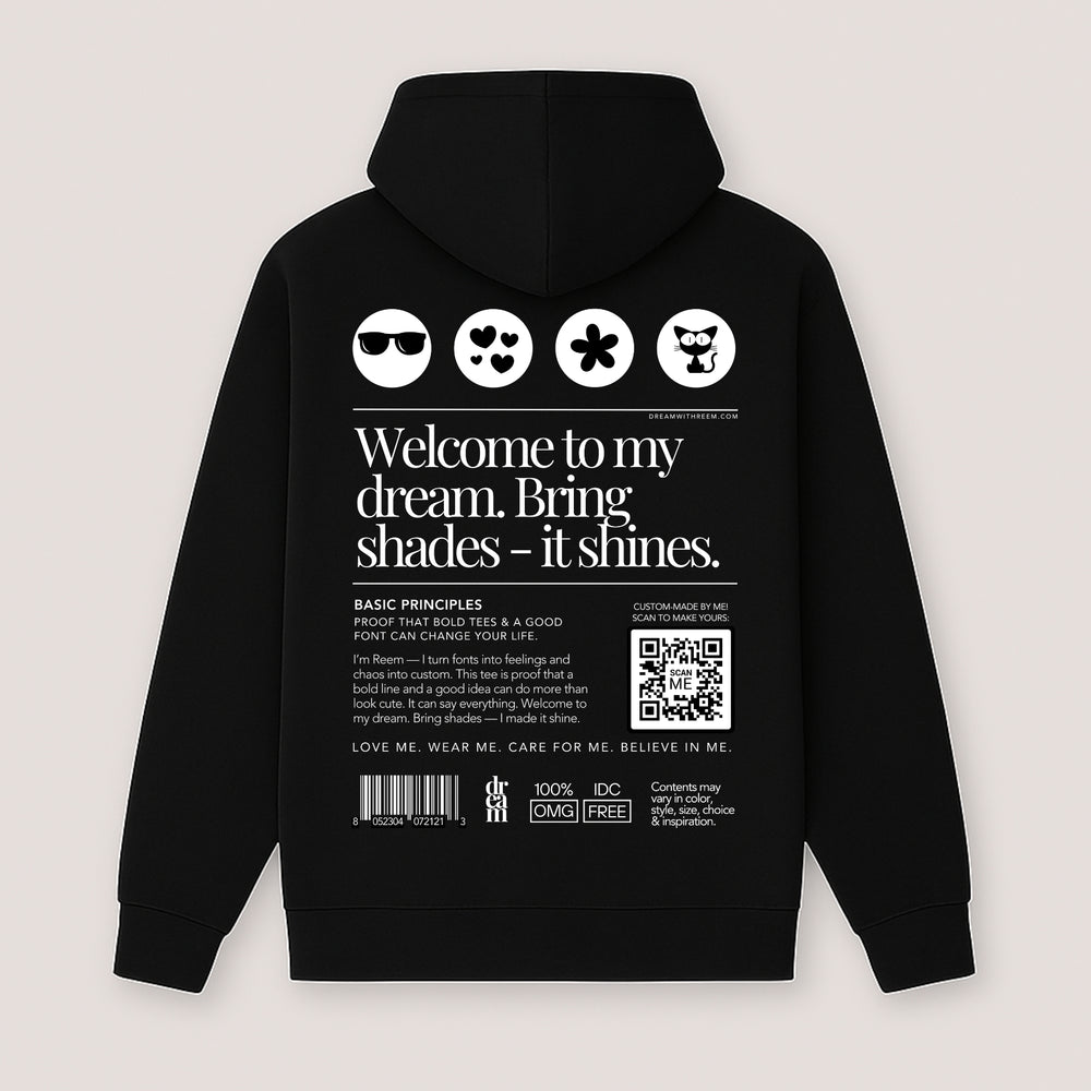 Black custom fashion hoodie by dreamwithreem with white graphic text and icons on back