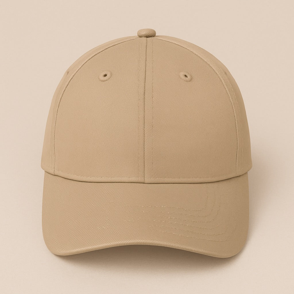 Beige six-panel baseball cap front view with curved brim, design your own hat online with dreamwithreem