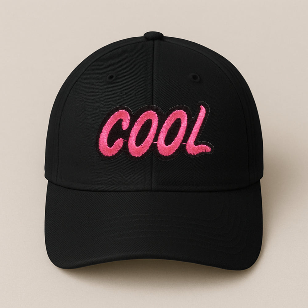Black baseball cap with pink embroidered COOL text, customizable design, design your own hat online with dreamwithreem