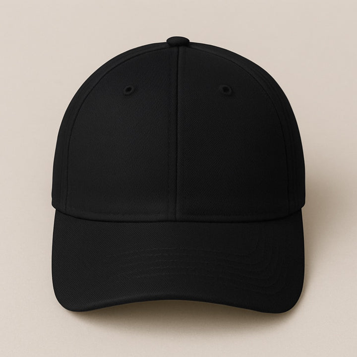 Black six-panel curved brim baseball cap front view customizable blank hat to design your own hat online