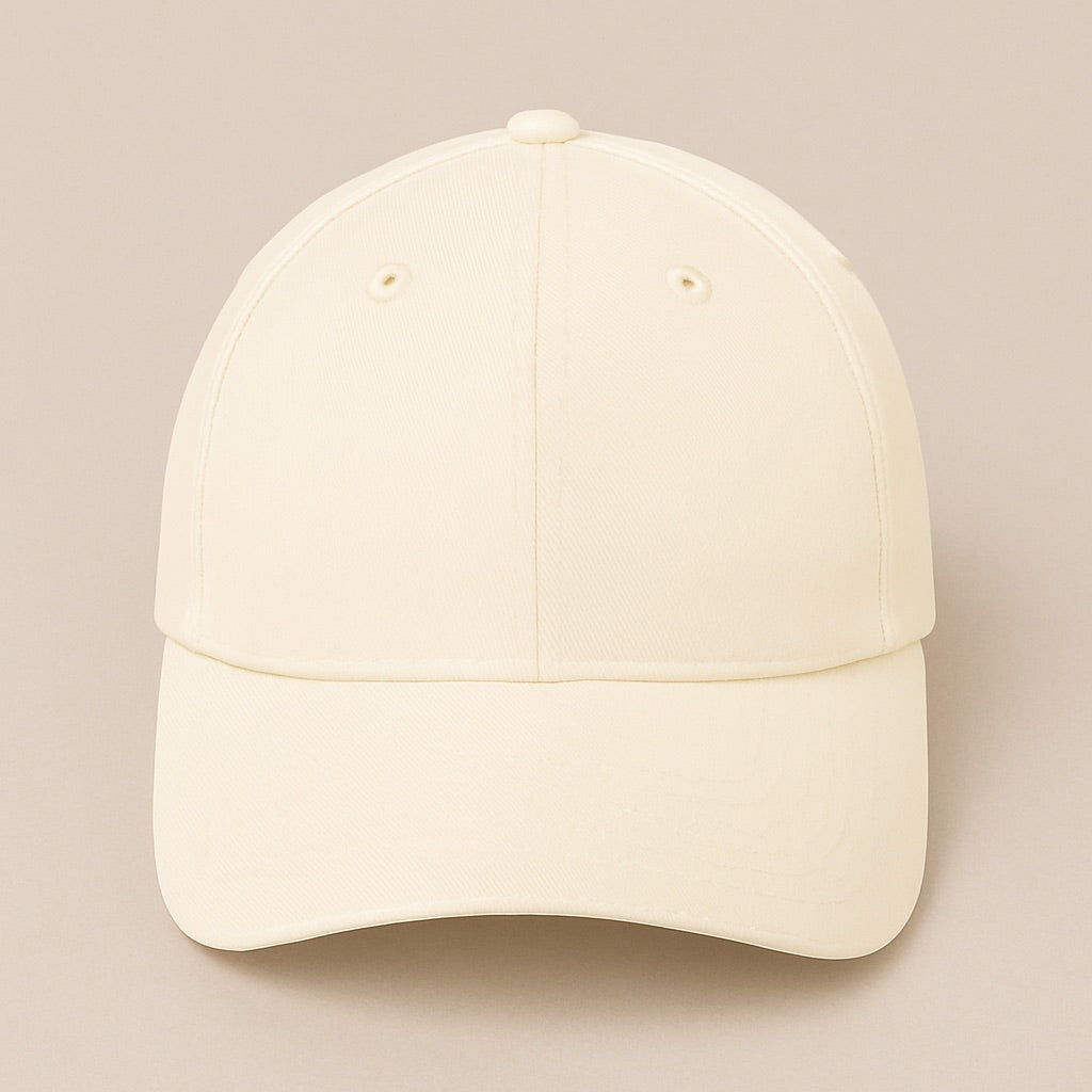 Cream blank baseball cap front view by dreamwithreem perfect to design your own hat online with adjustable back strap