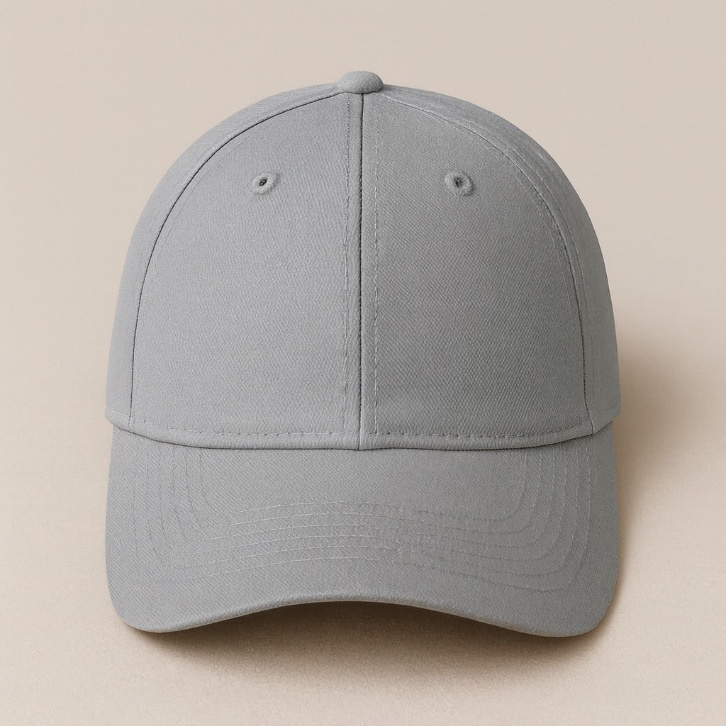 Light gray baseball cap front view on neutral background design your own hat online with dreamwithreem