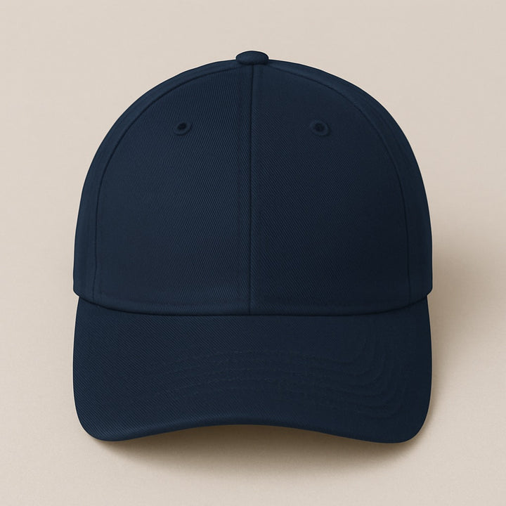 Navy blue baseball cap front view with curved brim and structured crown design your own hat online