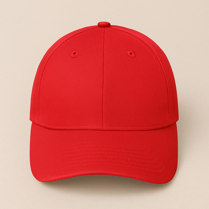 Red blank baseball cap front view on beige background classic adjustable fit design your own hat online