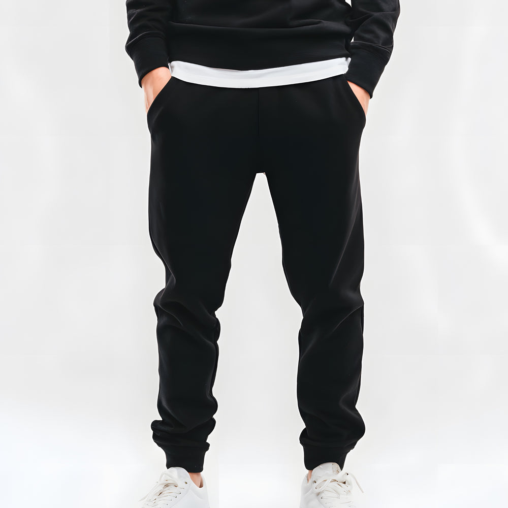 Black custom joggers for men and women with a comfortable fit and side pockets