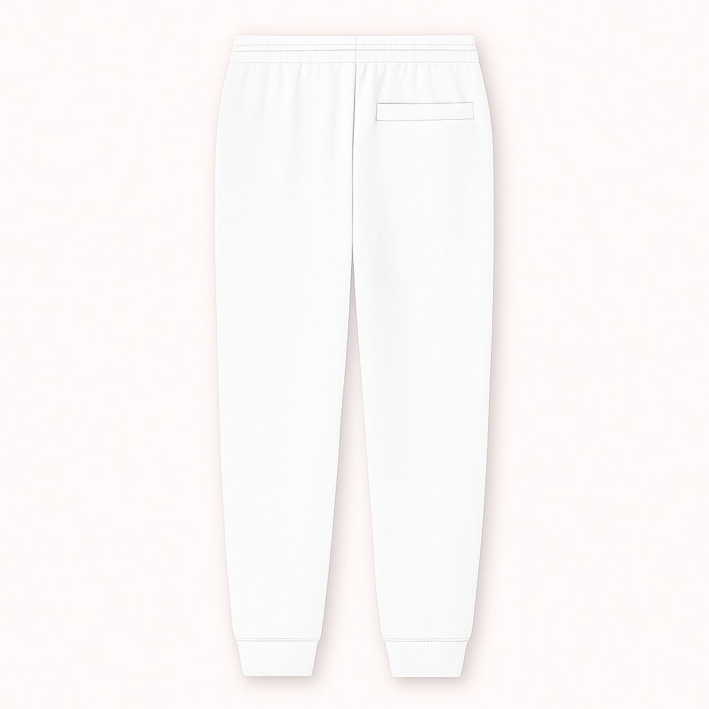 White custom joggers for men and women with back pocket and elastic waistband from dreamwithreem