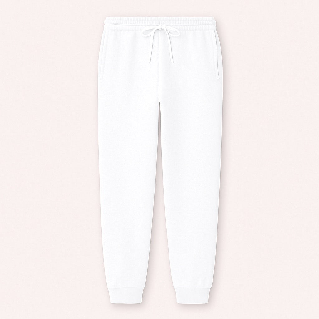 White custom joggers for men and women with drawstring waist and cuffed ankles