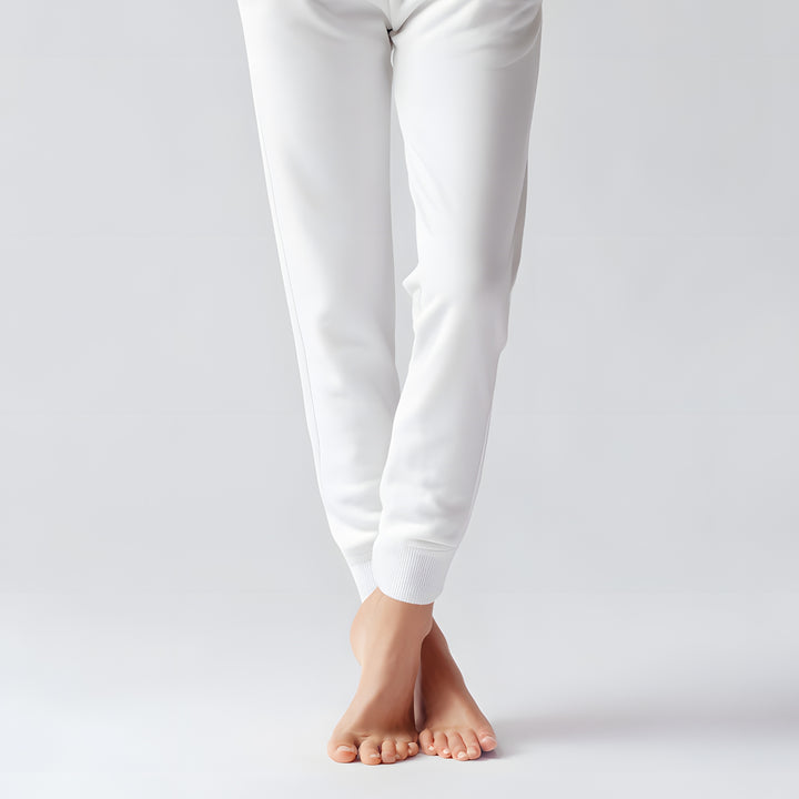 White custom joggers for men and women with a comfortable fit and cuffed ankles