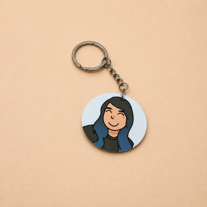 Custom keychains featuring a personalized cartoon design with a smiling character