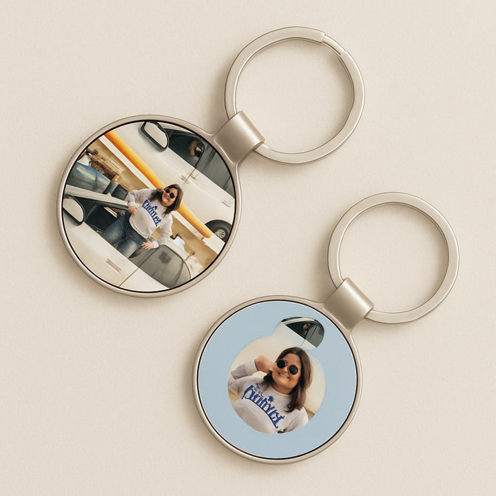 Two-sided custom keychains featuring personalized photos and stylish design by dreamwithreem