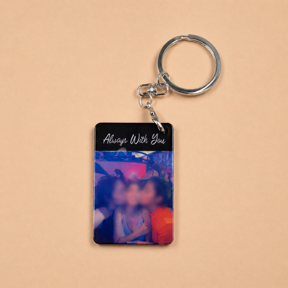 Custom keychains featuring personalized photo designs with an 'Always With You' message