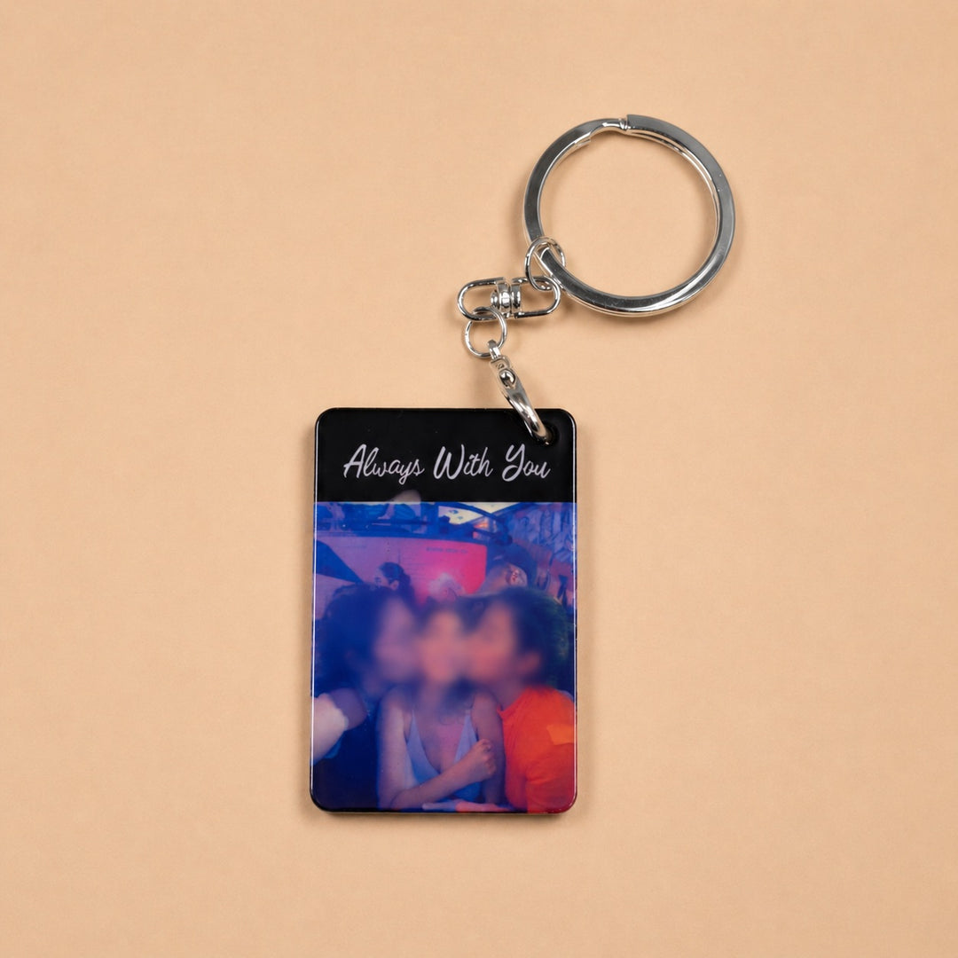 Custom keychains featuring personalized photo designs with an 'Always With You' message