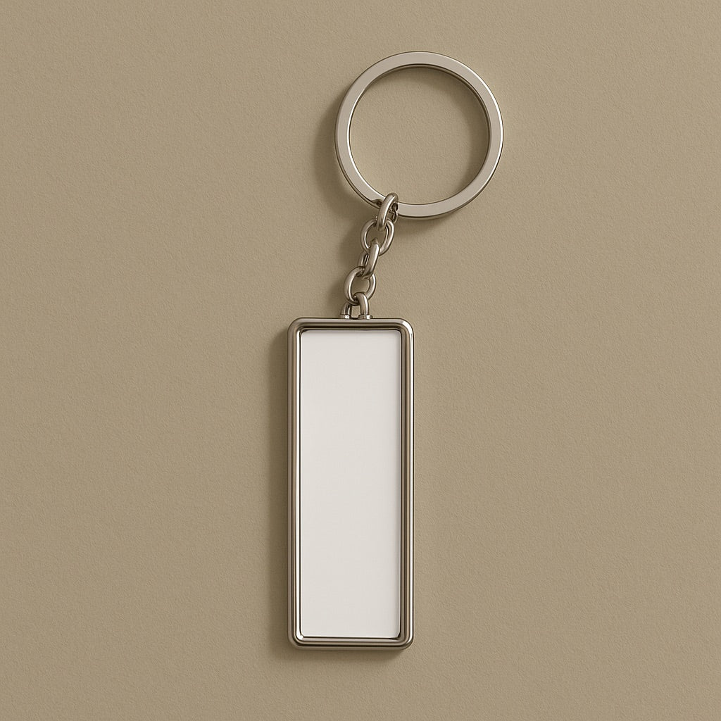 Custom keychains with a blank rectangular tag for personalized designs and engravings