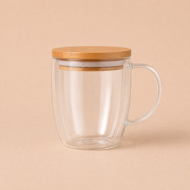 Transparent glass custom mugs with a bamboo lid for stylish beverage enjoyment