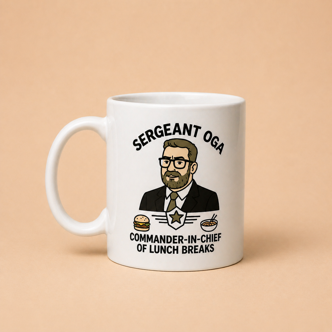 Custom mugs featuring a humorous design with a cartoon character labeled Commander-in-Chief of Lunch Breaks