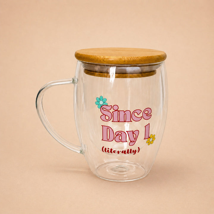 Custom mugs with floral design and bamboo lid featuring the phrase Since Day 1 literally