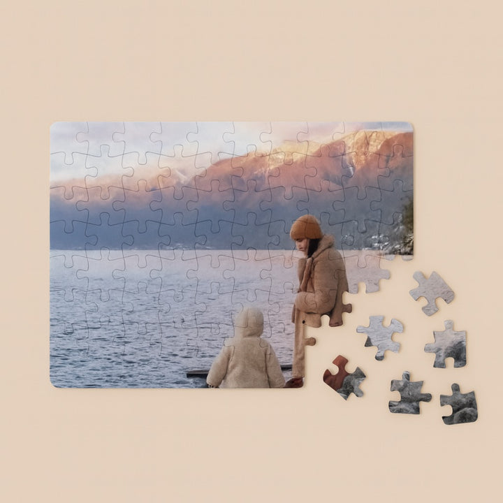 Custom photo puzzle featuring a scenic lake view with a person and child enjoying time together