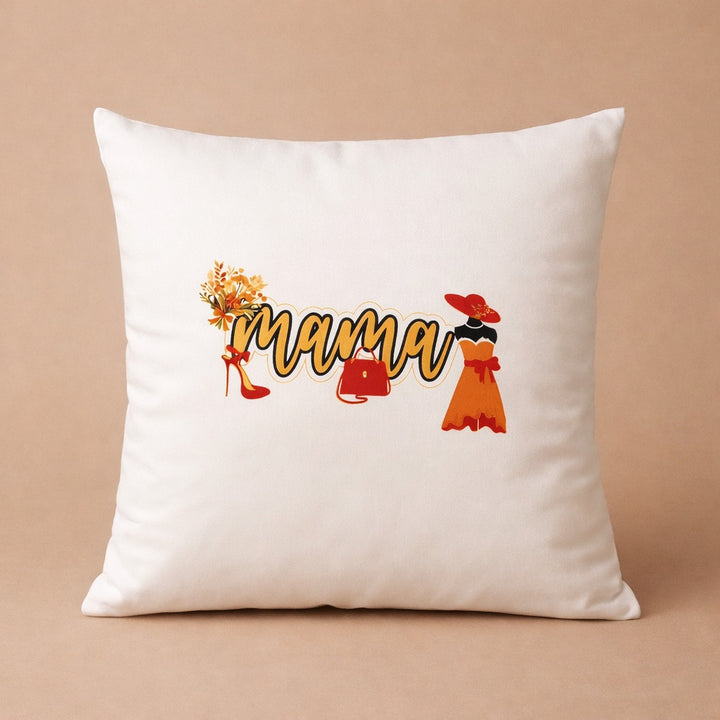 Custom pillow cover featuring stylish 'mama' design with flowers, shoes, and accessories