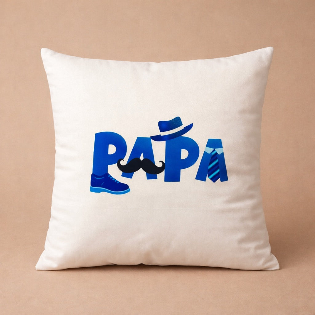 Custom pillow cover featuring the word Papa in blue with a hat and mustache design