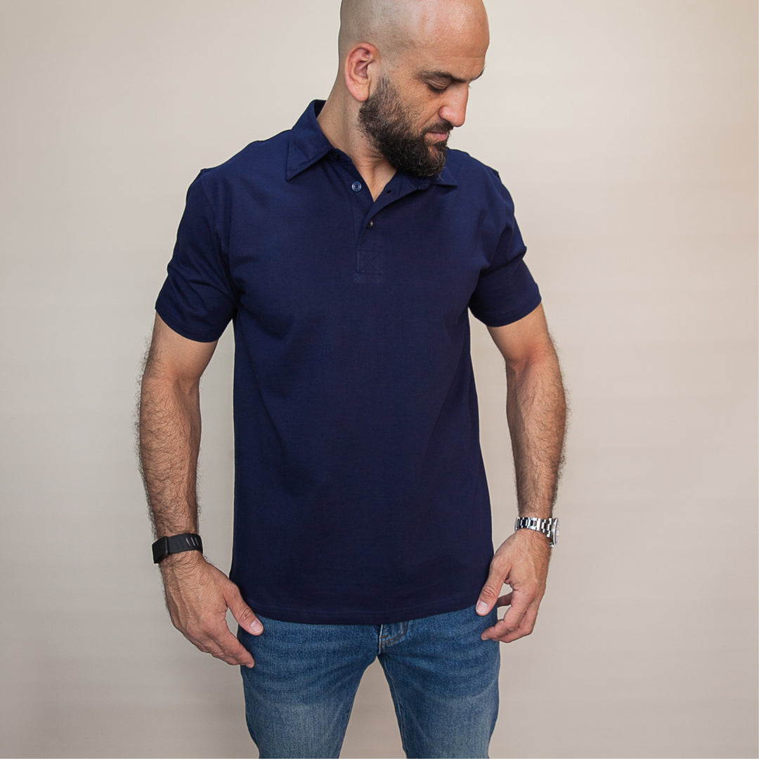 Navy blue custom polo t-shirt for men with short sleeves and a classic collar