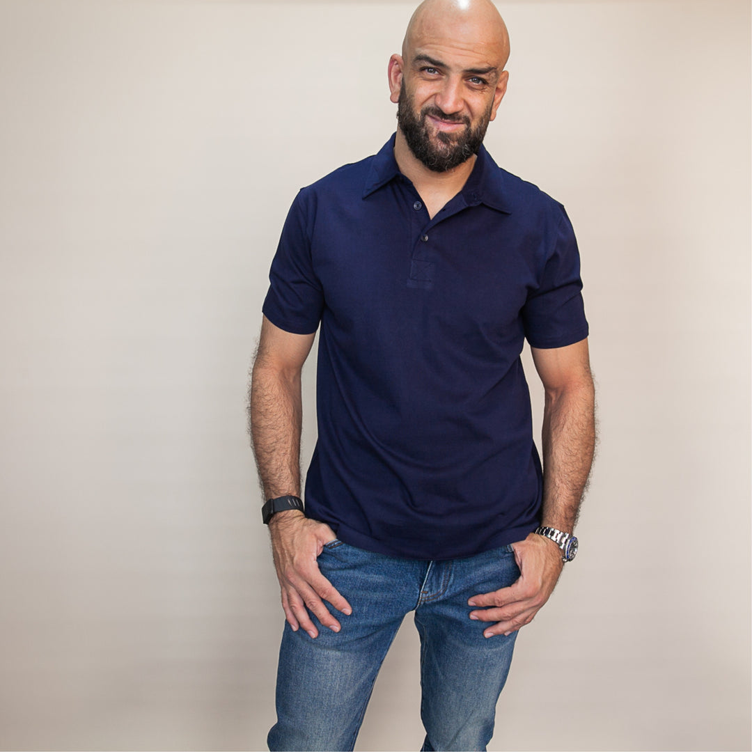 Navy custom polo t-shirt for men by dreamwithreem, featuring a classic fit and short sleeves