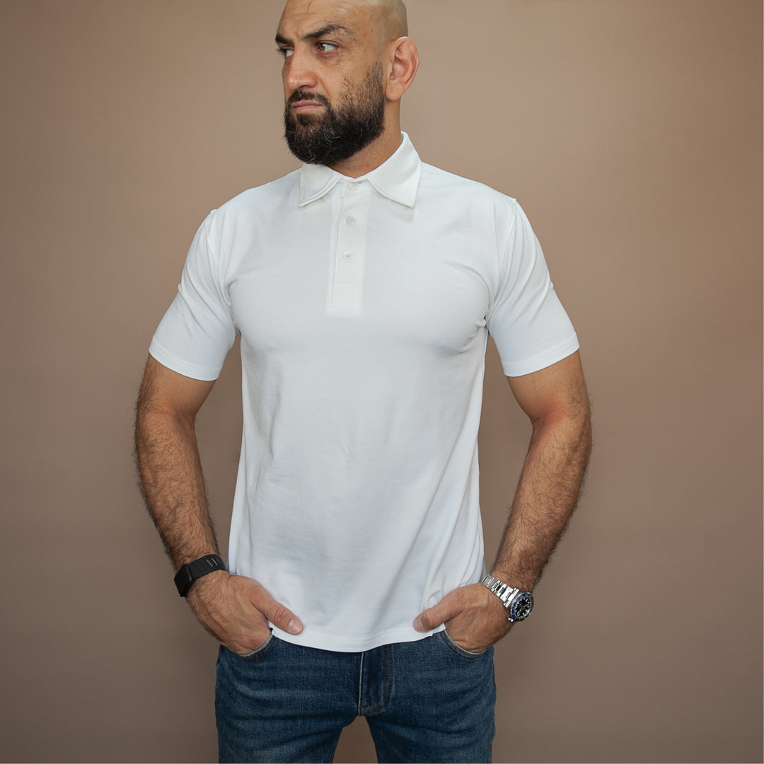 Men's custom polo t-shirt in white with a classic collar and short sleeves for casual wear