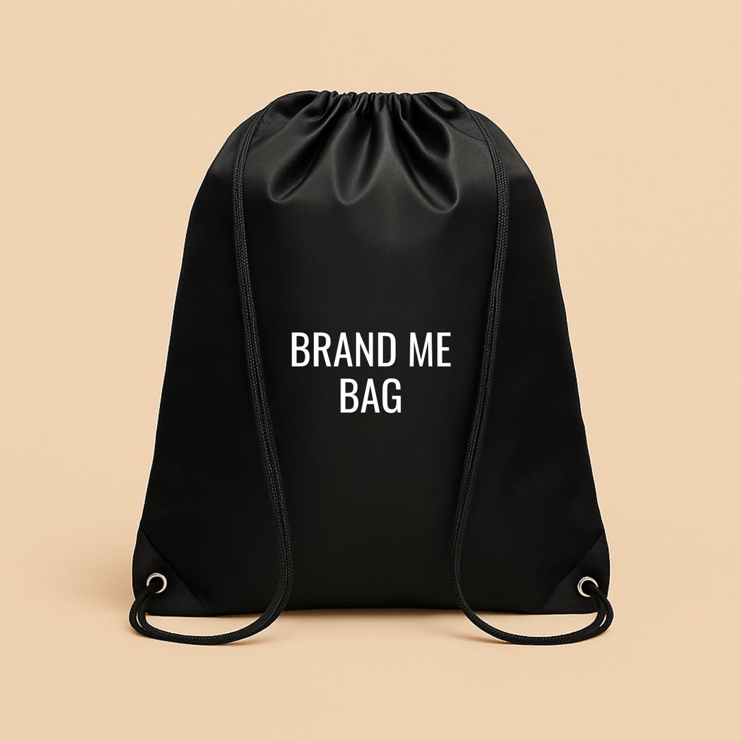 Custom polyester drawstring bag in black featuring the brand name design for versatile use