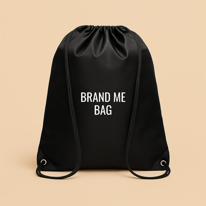 Custom polyester drawstring bag in black featuring the brand name design for versatile use