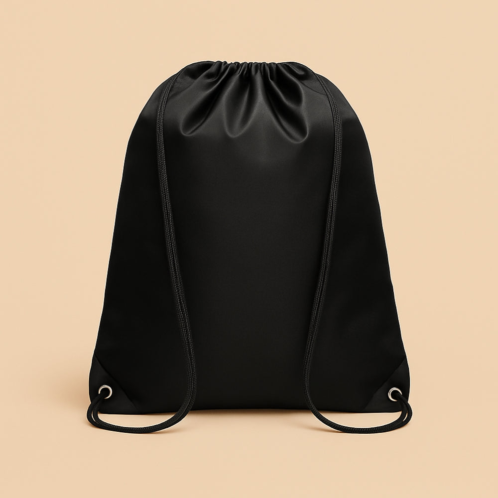 Custom polyester drawstring bag in black with durable straps for everyday use