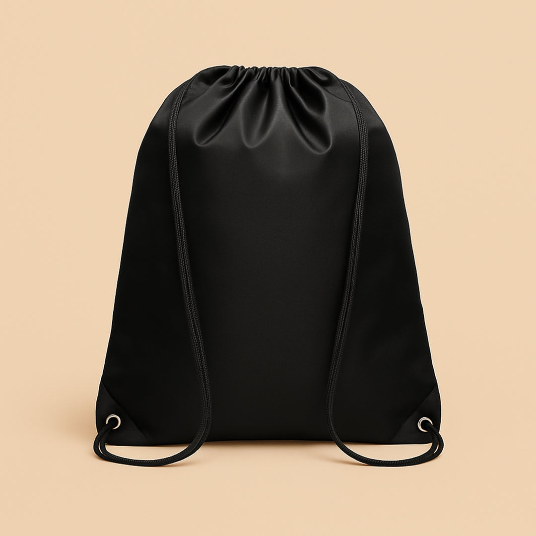 Custom polyester drawstring bag in black with durable straps for everyday use