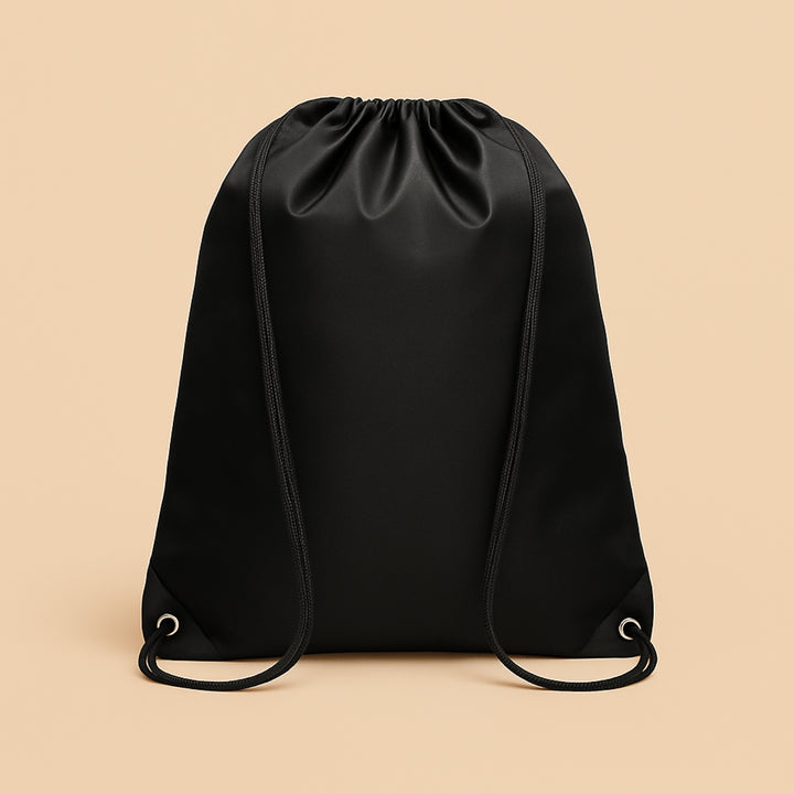 Custom polyester drawstring bag in black with durable straps for everyday use