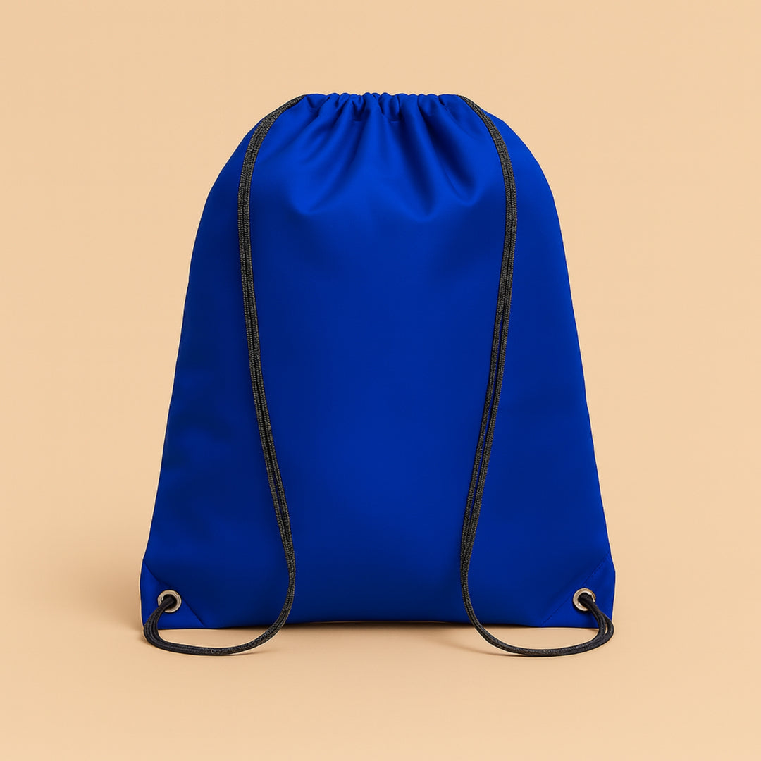 Custom polyester drawstring bag in vibrant blue with durable black drawstrings for easy carrying