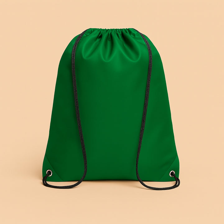 Custom polyester drawstring bag in vibrant green with durable black cords for everyday use