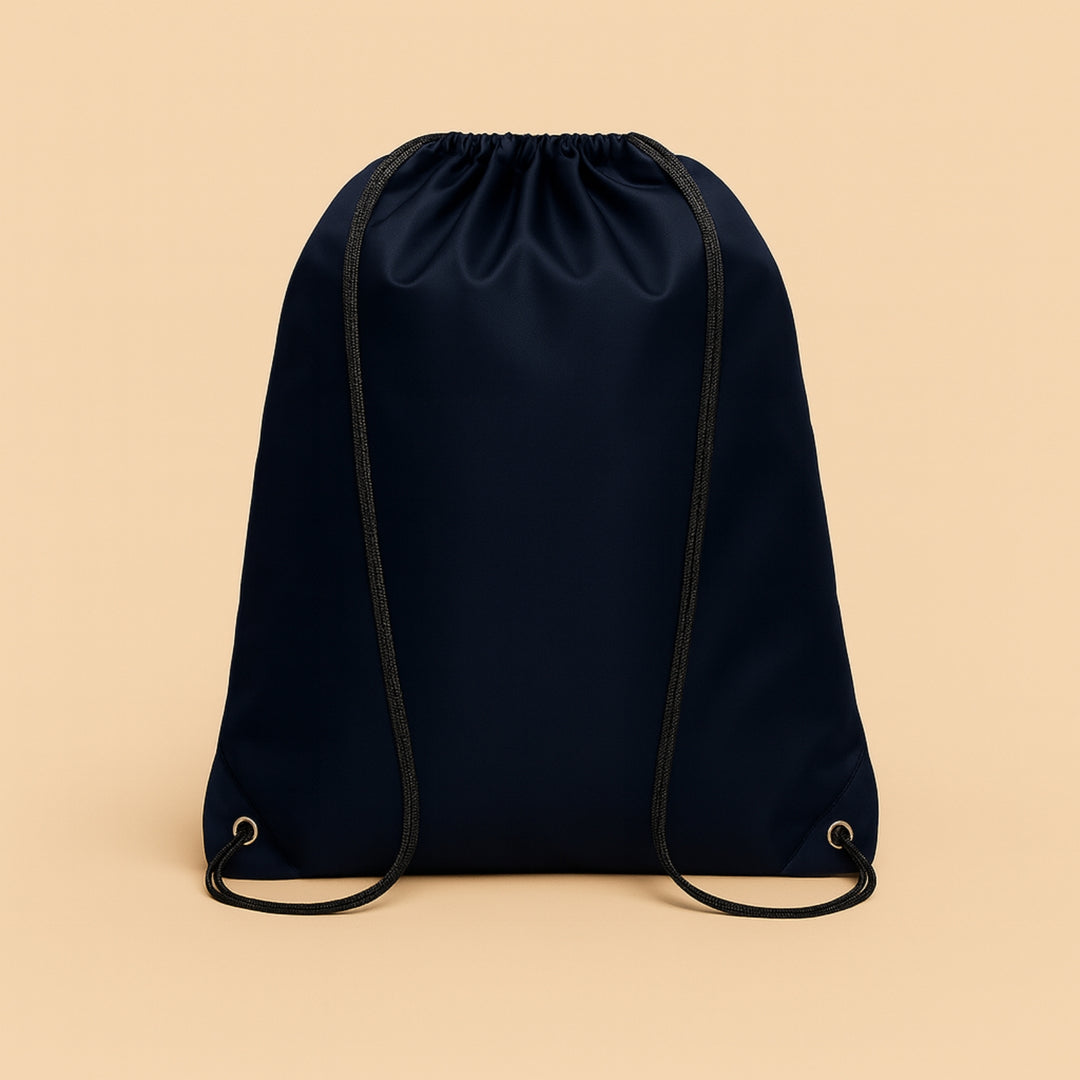 Custom polyester drawstring bag in navy blue with sturdy drawstrings for everyday use