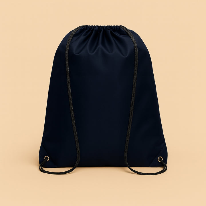 Custom polyester drawstring bag in navy blue with sturdy drawstrings for everyday use
