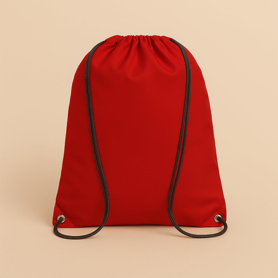 Bright red custom polyester drawstring bag with black cords for easy carry and storage