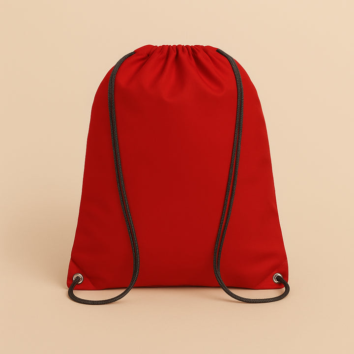Bright red custom polyester drawstring bag with black cords for easy carry and storage